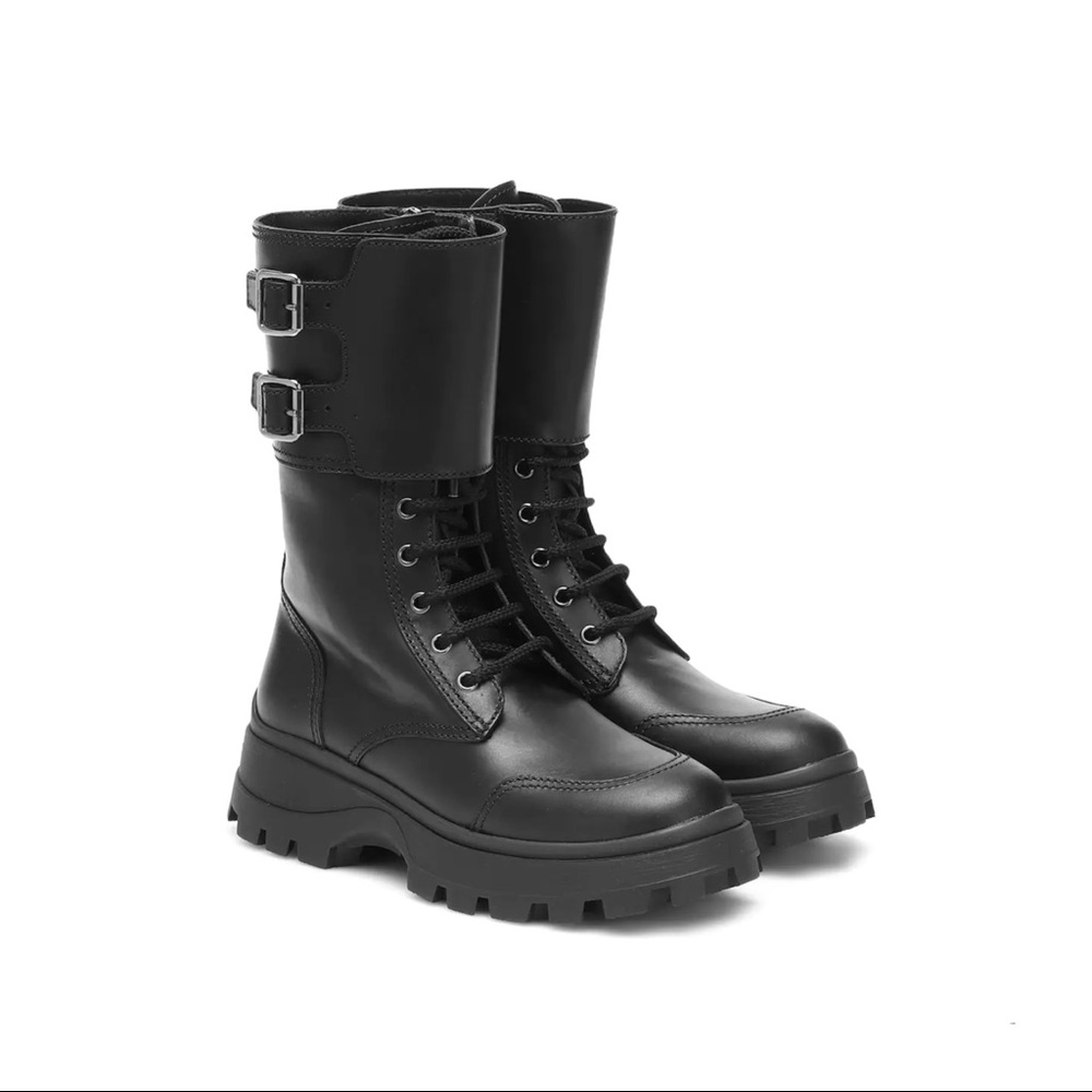 $1100 Miu Miu Combat Buckle Boot, Size 41, Light Wear